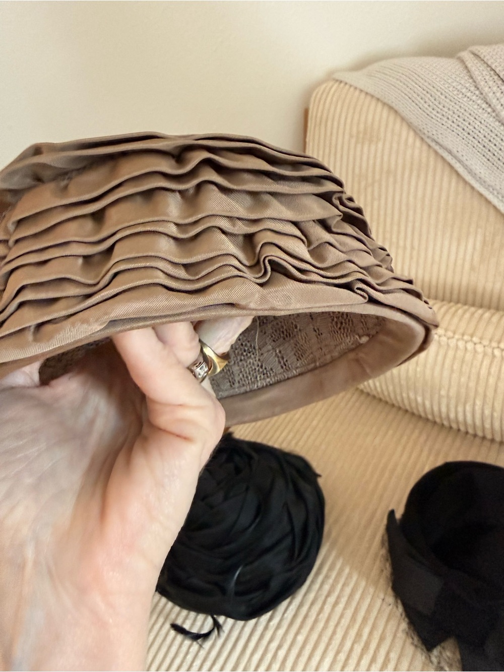 Classic Pillbox Hats - Taupe, black, feathers - Picture 13 of 13